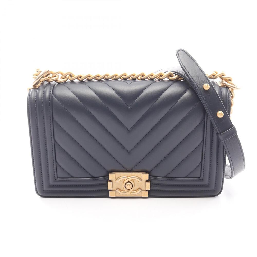 Chanel Boy Shoulder Bag Leather Navy Blue